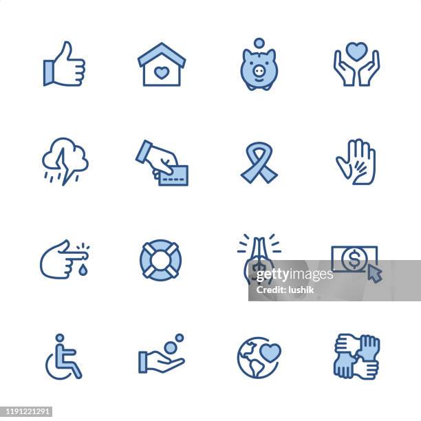 nächstenliebe und spende - pixel perfect blau umriss symbole - childrens health fund benefit stock-grafiken, -clipart, -cartoons und -symbole