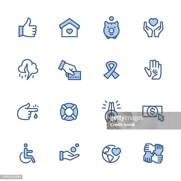 charity and donation - pixel perfect blue outline icons - childrens health fund benefit stock illustrations