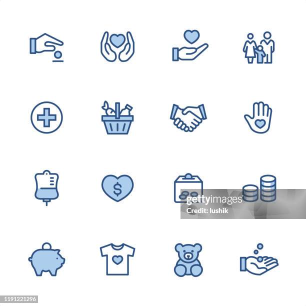 ilustrações de stock, clip art, desenhos animados e ícones de volunteer and charity - pixel perfect blue outline icons - charity and relief work