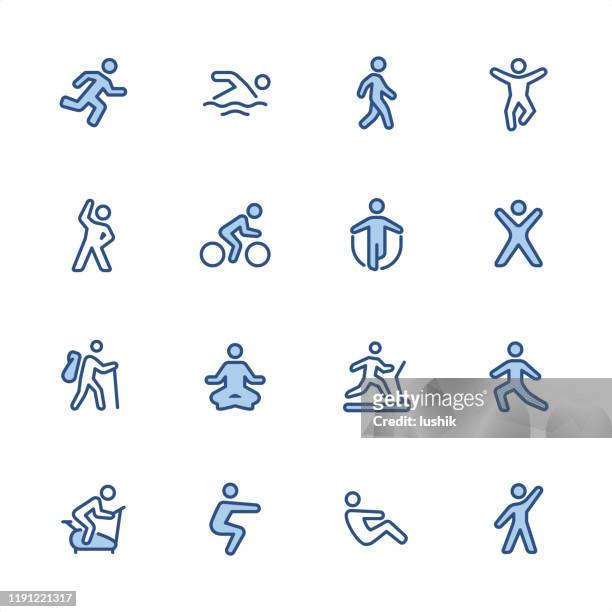 ilustraciones, imágenes clip art, dibujos animados e iconos de stock de ejercicio - pixel perfect iconos de contorno azul - agacharse
