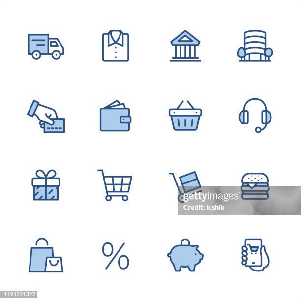 shopping and e-commerce - pixel perfect blue outline icons - shopping basket stock illustrations