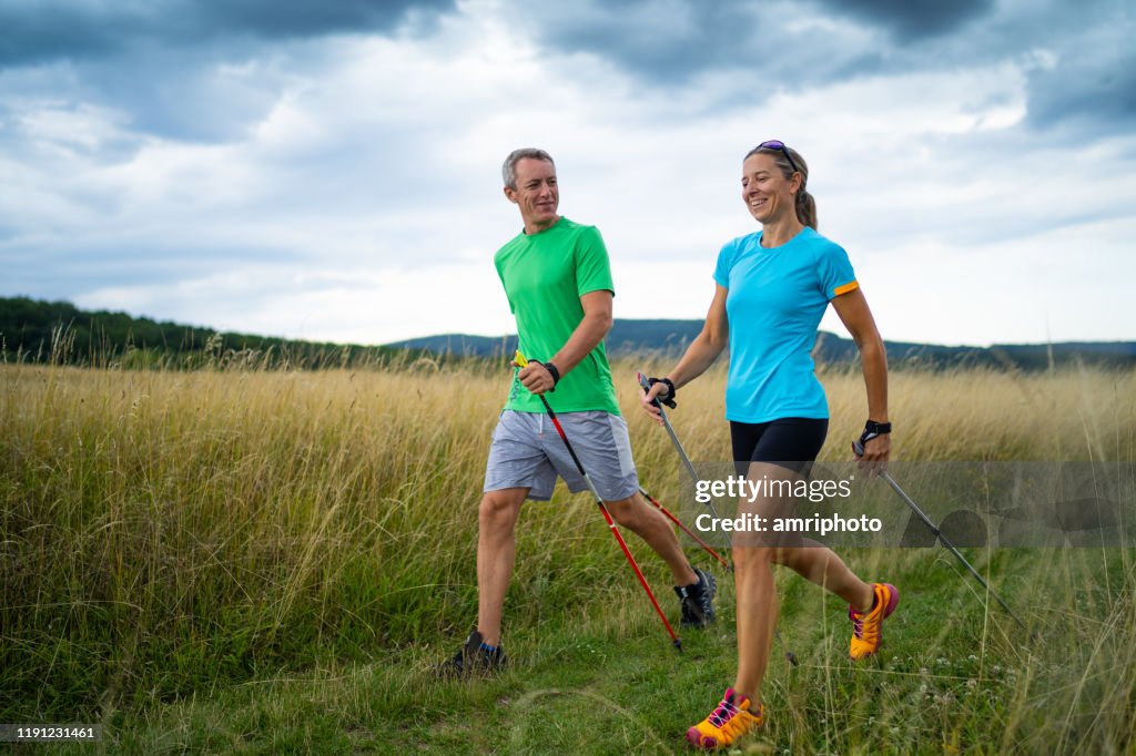 Sporty woman exercising with nordic walking trainer outdoors in grassland