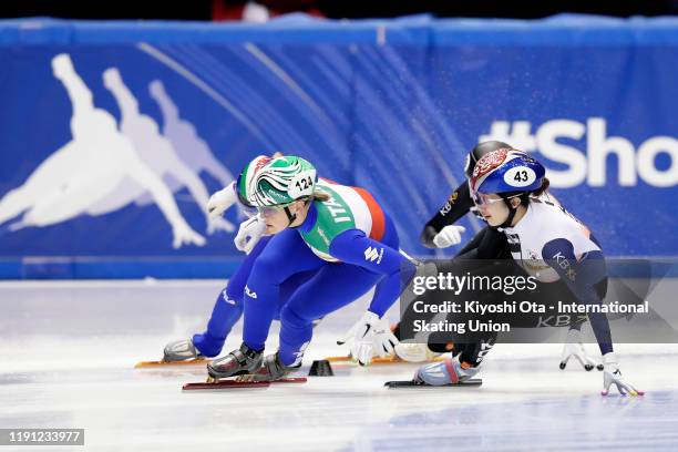 Arianna Fontana of Italy competes against Noh Ah Rum of South Korea in the Ladies' 3000m Relay Final A during the ISU World Cup Short Track at the...