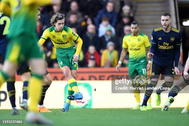 Todd Cantwell of Norwich City scores his team's second goal during the Premier League match between Norwich City and Arsenal FC at Carrow Road on...