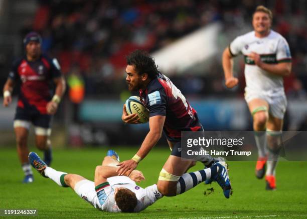 Steven Luatua of Bristol Bears is tackled by Paddy Jackson of London Irish during the Gallagher Premiership Rugby match between Bristol Bears and...