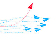 Red plane changes direction. New idea, trend, change, courage, innovation and unique concept of the path, new thinking with airplane, creative decision, think differently – vector