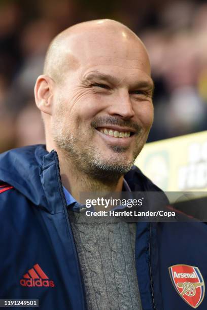 Freddie Ljungberg, Caretaker Manager of Arsenal looks on prior to the Premier League match between Norwich City and Arsenal FC at Carrow Road on...