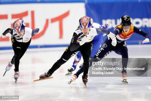 Kim Ji Yoo of South Korea competes in the Ladies' 500m Quarterfinal during the ISU World Cup Short Track at the Nippon Gaishi Arena on December 01,...