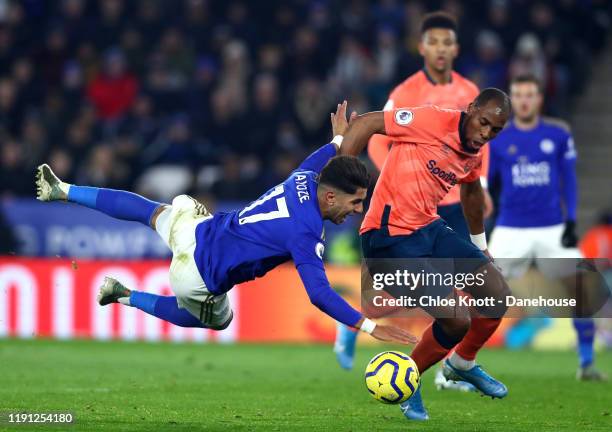 Djibril Sidibe of Everton tackles Ayoze Perez of Leicester City during the Premier League match between Leicester City and Everton FC at The King...