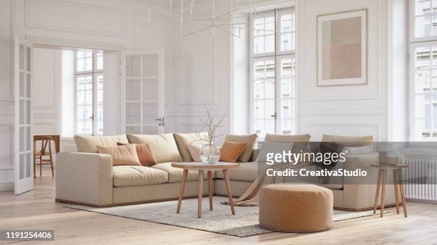 moderne skandinavische wohnzimmer interieur - 3d render - beige stock-fotos und bilder