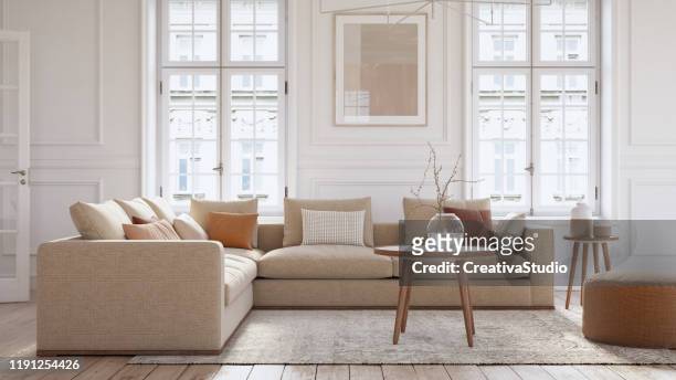 moderne skandinavische wohnzimmer interieur - 3d render - indoors stock-fotos und bilder