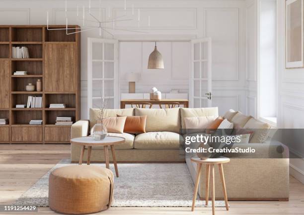 moderne scandinavische woonkamer interieur-3d renderen - interior styling stockfoto's en -beelden