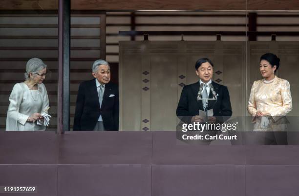 Empress Masako , former empress Michiko and former emperor Akihito look on as Emperor Naruhito of Japan delivers a traditional New Year's greeting at...