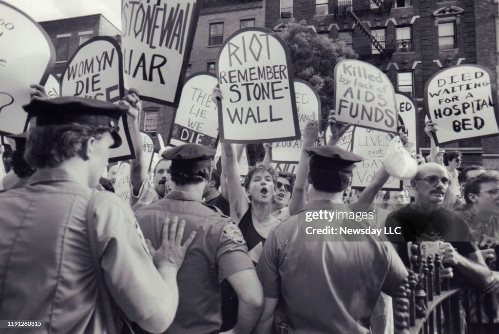 AIDS activists protest at Stonewall monument in NYC in 1989