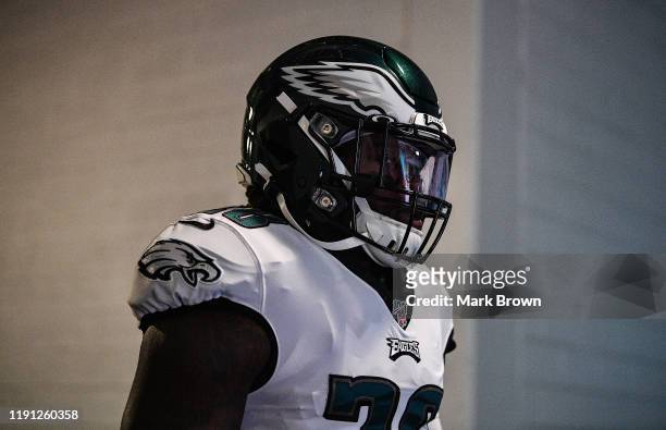 Jay Ajayi of the Philadelphia Eagles takes to the field prior to the game Miami Dolphins at Hard Rock Stadium on December 01, 2019 in Miami, Florida.