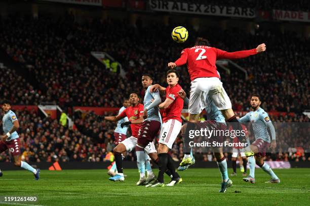 Victor Lindelof of Manchester United scores his sides second goal during the Premier League match between Manchester United and Aston Villa at Old...