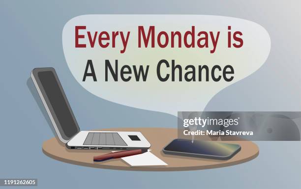 office desk with business concept - every monday is a new chance. - monday motivation stock illustrations