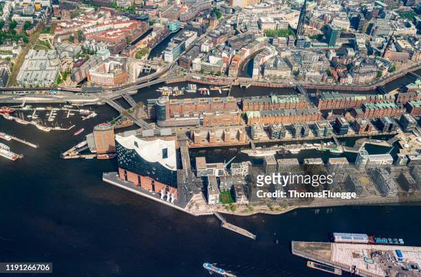 aerial view of hamburg-speicherstadt -hafencity - stadtsilhouette stock pictures, royalty-free photos & images