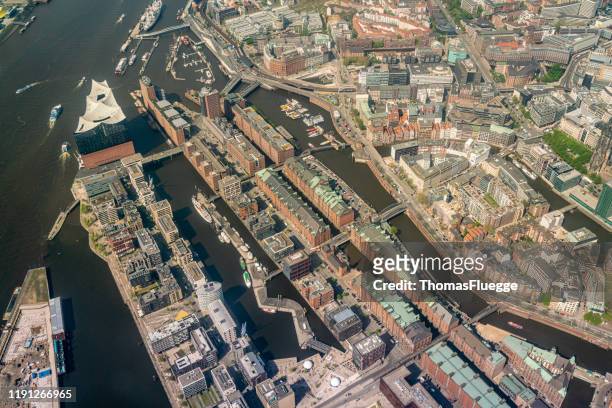 aerial view of hamburg-speicherstadt -hafencity - stadtsilhouette stock pictures, royalty-free photos & images