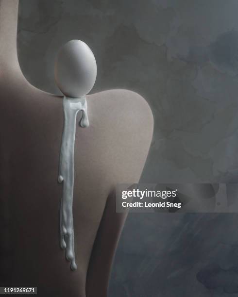 digital art abstraction surrealism. human back with an egg on his shoulder with flowing white paint on a background of gray watercolor wallpaper - surreal painting stock pictures, royalty-free photos & images
