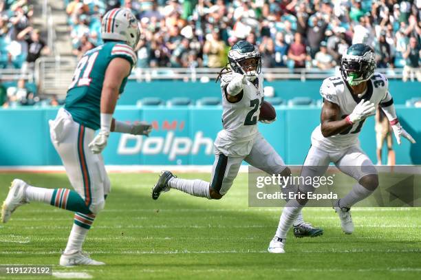 Ronald Darby of the Philadelphia Eagles returns an interception during the first quarter against the Miami Dolphins at Hard Rock Stadium on December...