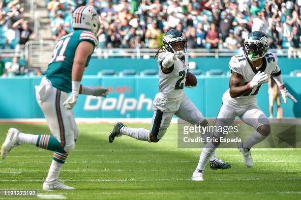 Ronald Darby of the Philadelphia Eagles returns an interception during the first quarter against the Miami Dolphins at Hard Rock Stadium on December...