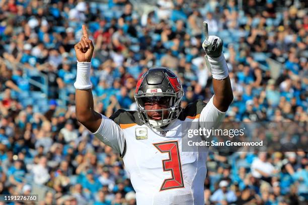 Jameis Winston of the Tampa Bay Buccaneers celebrates a touchdown during the game against the Jacksonville Jaguars at TIAA Bank Field on December 01,...