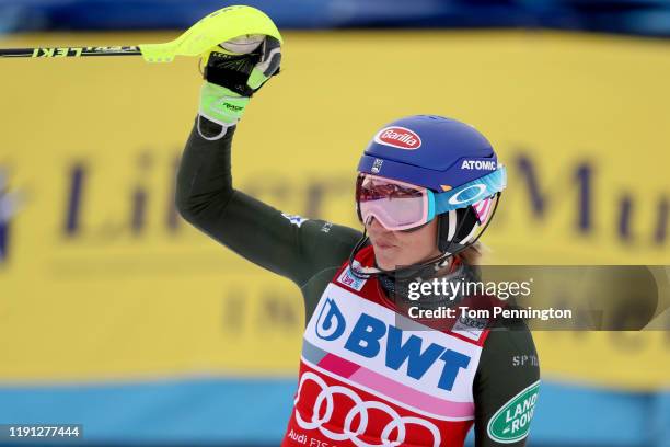 Mikaela Shiffrin of the United States celebrates after crossing the finish line to win the Women's Slalom during the Audi FIS Ski World Cup -...