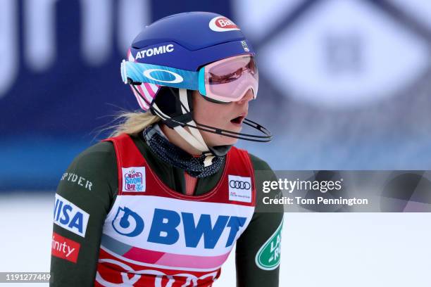 Mikaela Shiffrin of the United States celebrates after crossing the finish line to win the Women's Slalom during the Audi FIS Ski World Cup -...