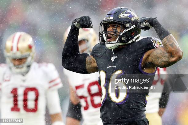 Chuck Clark of the Baltimore Ravens celebrates during the first half against the San Francisco 49ers at M&T Bank Stadium on December 01, 2019 in...