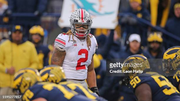 Chase Young of the Ohio State Buckeyes looks to the sidelines during the third quarter of the game against the Michigan Wolverines at Michigan...