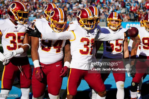 Fabian Moreau of the Washington Redskins celebrates an interception during the second quarter during their game against the Carolina Panthers at Bank...