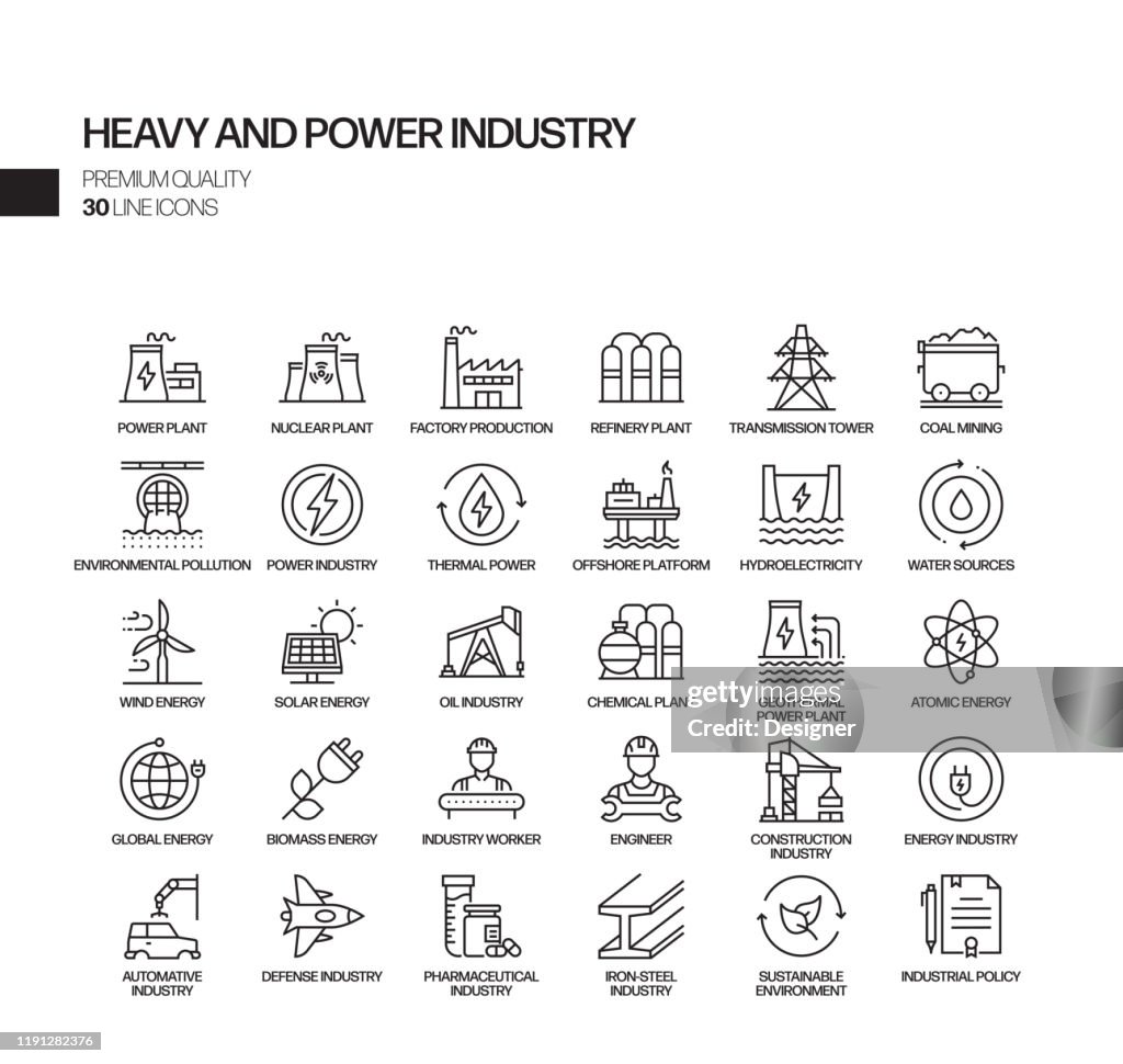 Einfache Satz von Schwer- und Energieindustrie verwandte Vektor Linie Icons. Umrisssymbol-Auflistung