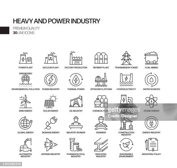illustrazioni stock, clip art, cartoni animati e icone di tendenza di semplice set di icone di linea vettoriale correlate all'industria pesante ed elettrica. insieme outline symbol - industria energetica