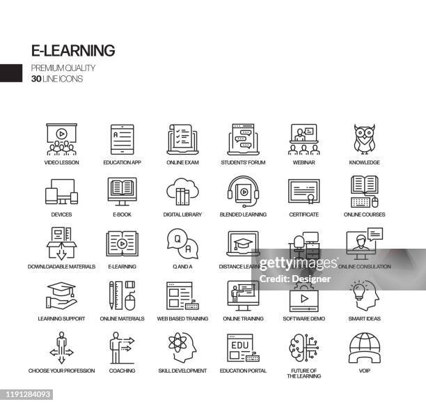 simple set of e-learning related vector line icons. outline symbol collection - wisdom stock illustrations