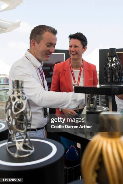 Sky News host Craig Slater and F1 director of marketing and communications Ellie Norman at the launch of the F1 fragrance at the Formula 1 Etihad...