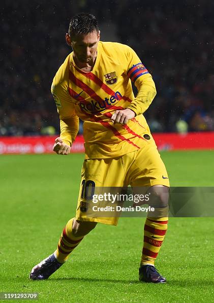 Lionel Messi of FC Barcelona celebrates after scoring his team's