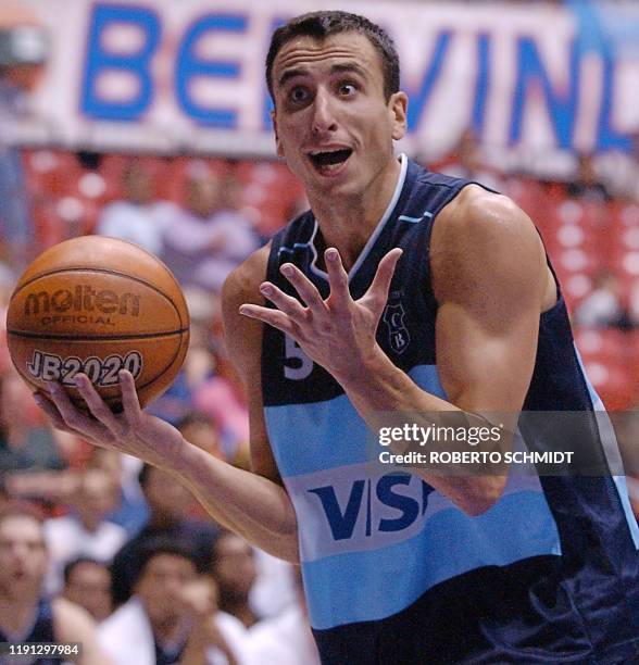 Emanuel Ginobili of Argentina reacts to a call by the referee against his team during their second round game against the Dominican Republic at the...