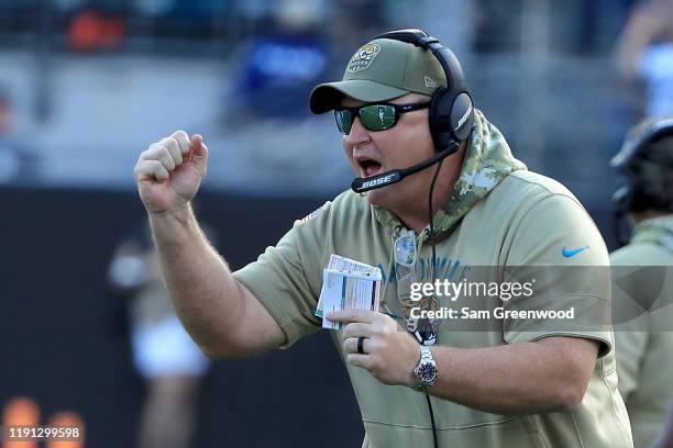Head coach Doug Marrone of the Jacksonville Jaguars reacts to a touchdown during the game against the Tampa Bay Buccaneers at TIAA Bank Field on...