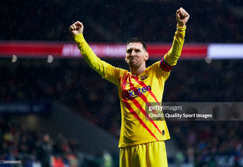 Lionel Messi of Barcelona celebrates after scoring his team's first