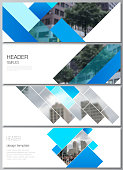 The minimalistic vector illustration of the editable layout of headers, banner design templates. Abstract geometric pattern creative modern blue background with rectangles.
