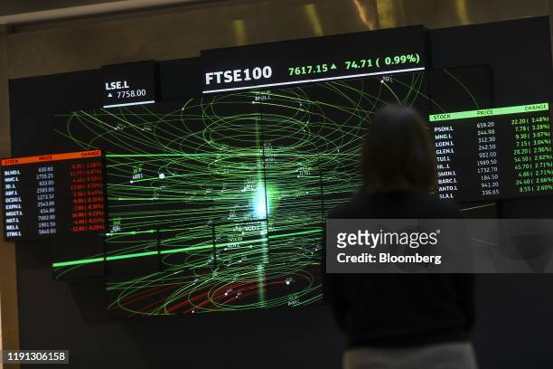 An employee views a FTSE share index board in the atrium of the London Stock Exchange Group Plc's offices in London, U.K., on Thursday, Jan. 2, 2020....