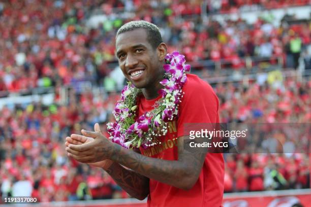 Anderson Talisca of Guangzhou Evergrande celebrates winning the 2019 Chinese Super League title after the 30th round match between Guangzhou...