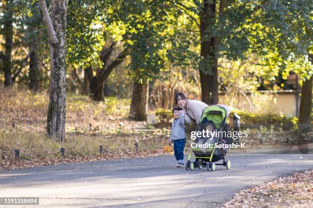 happy family in public park in autumn - baby pram in the park stock pictures, royalty-free photos & images