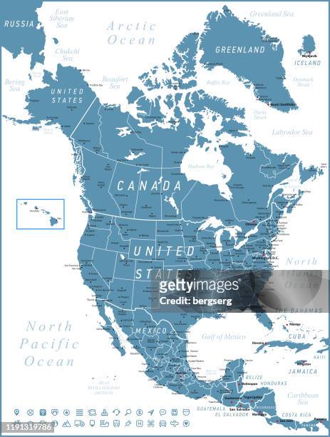 ilustraciones, imágenes clip art, dibujos animados e iconos de stock de mapa de américa del norte. vector estados unidos, canadá y méxico con iconos de navegación - américa del norte