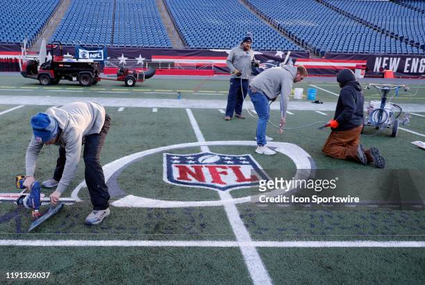 The NFL Wild Card logo is painted onto the field at Gillette during press conferences in advance of the AFC Wild Card Game between the New England...