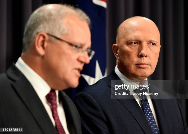 Prime Minister Scott Morrison and Home Affairs Minister, Peter Dutton hold a press conference at Parliament House on December 02, 2019 in Canberra,...