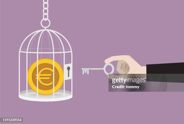businessman uses a key unlock euro coin from a cage - economic freedom stock illustrations
