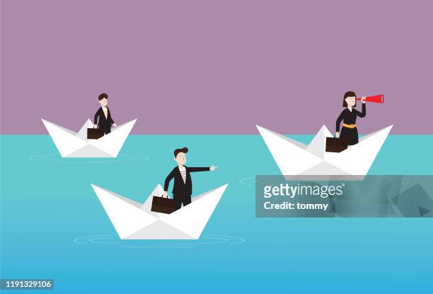 business people with a telescope on a paper boat - business milestones stock illustrations