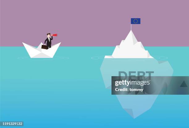 illustrations, cliparts, dessins animés et icônes de homme d'affaires avec un télescope sur un bateau de papier regardant le drapeau d'euro sur l'iceberg - berg